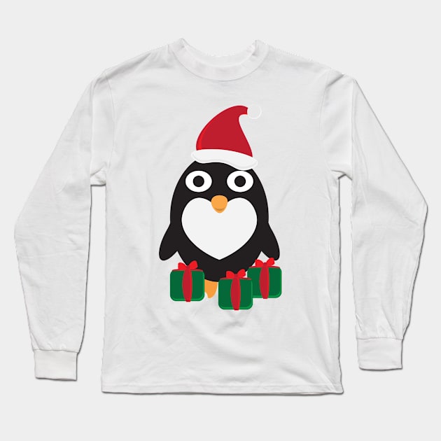 Cute Cartoon Penguin with Santa Hat and Green Red Gifts Long Sleeve T-Shirt by sigdesign